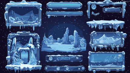 Poster - Game streaming overlay panels and buttons with ice texture and snow. Template of webcam video app design. Vector cartoon set of live stream frames in winter style for show gaming process