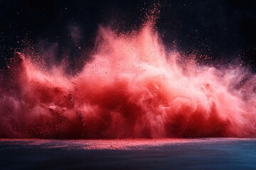 Poster - Red Powder Explosion on Black Background Dynamic Motion Abstract Expressionism Vibrant Colors Celebration Creativity