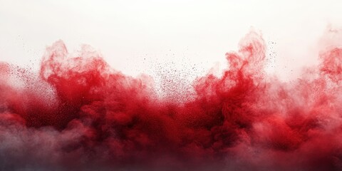 Poster - Red powder explosion creating chaotic clouds on a white background, showcasing vibrant colors and dynamic motion with depth and texture.