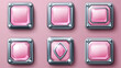 © Hikmet - Old pink buttons with metal fantasy frames for rpg game interface. Vector cartoon set of square achievement labels, glossy icons of award badges with silver borders isolated on background