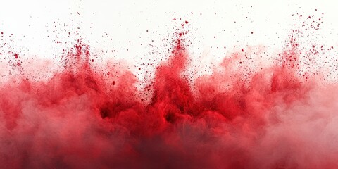 Poster - Red Powder Explosion on White Background Creating a Chaotic Scene of Colorful Fine Dust Particles and Vibrant Smoke in an Artistic Display
