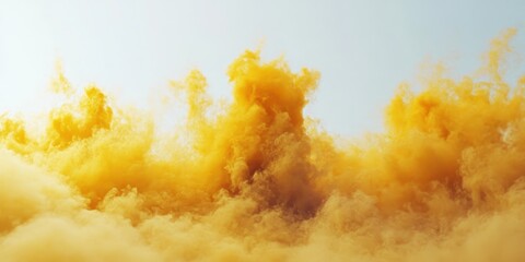 Poster - Vibrant Yellow Explosion of Powder Against a Soft White Background Creating a Chaotic and Dramatic Atmosphere in the Air