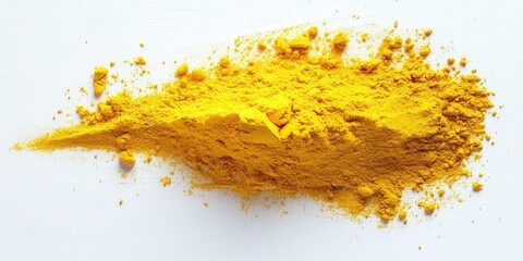 Poster - Yellow Powder Explosion on White Background Creating a Chaotic Scene of Vibrant Color and Energy