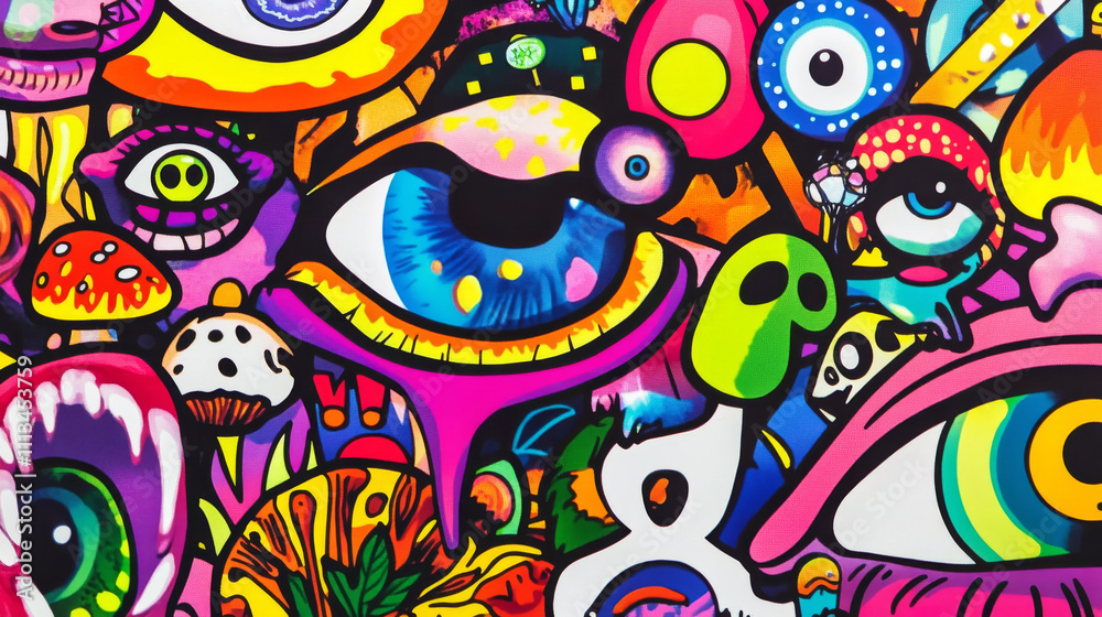 Stock-Illustration „Acid stickers with eye ball, mushrooms and mouth ...