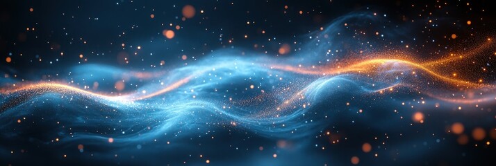 Poster - Abstract Blue Wave Background with Flowing Lines and Dots, Futuristic Network Structure, Digital Technology Illustration