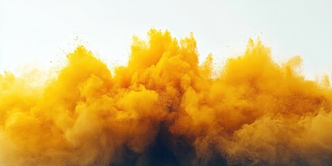 Poster - Vibrant Yellow Powder Explosion Against Soft White Background Creating Chaotic and Dynamic Visual Effects in Fine Art Photography