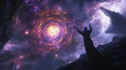 Wall Mural - a lone figure witnesses a cosmic swirling galaxy