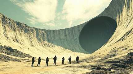 Wall Mural - explorers approach a massive dark crater in a desolate landscape