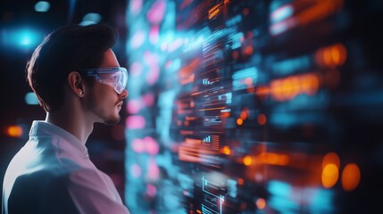 Poster - Scientist analyzing data trends in a futuristic lab environment with technology and digital screens