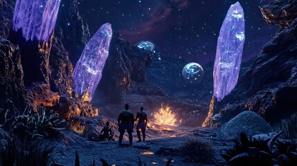 Wall Mural - travelers observe glowing crystals and celestial bodies