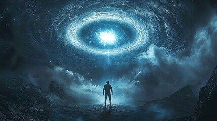 Wall Mural - solitary figure contemplates celestial vortex of light and darkness