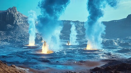 Wall Mural - alien explorers investigating geothermal activity on a distant planet