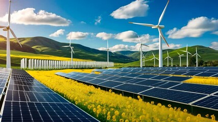 video footage of renewable energy landscape with solar panels and wind turbines in a field of yellow