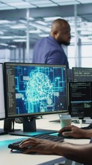 Poster - vertical video machine learning expert in ai server room developing disaster recovery plans ensuring