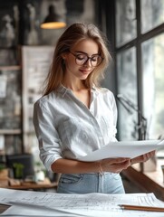 Poster - Happy young woman in glasses standing near the window in office and working with blueprint.