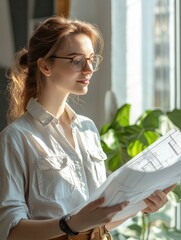 Poster - Happy young woman in glasses standing near the window in office and working with blueprint.