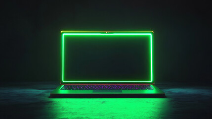 Poster - 3d green neon laptop screen dark digital mockup. Blank office pc concept front design template on table with led line light. Portable business mock up for futuristic technology website with sparkle