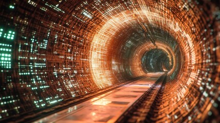 Poster - Futuristic tunnel with glowing digital patterns