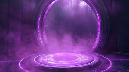 Poster - Set of circle hologram portals with purple light effect. Vector realistic illustration of futuristic game technology, round podiums with smoke, laser beams, neon sparkles. Teleport to scifi universe