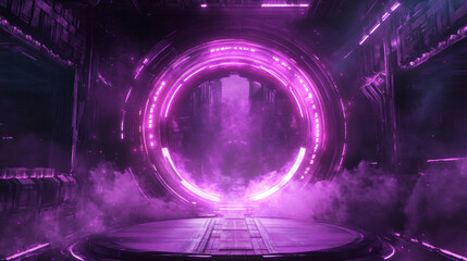 Poster - Set of circle hologram portals with purple light effect. Vector realistic illustration of futuristic game technology, round podiums with smoke, laser beams, neon sparkles. Teleport to scifi universe