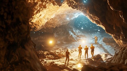Wall Mural - astronauts explore luminous cave system discovering hidden wonders