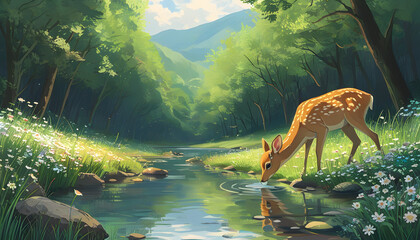 Wall Mural - Deer Drinking From Creek In Forest