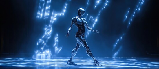 A futuristic female robot walks on a stage with a blue light background.