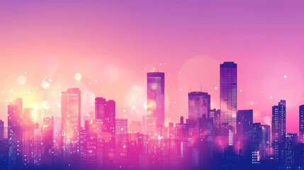 Wall Mural - Pink and purple city skyline at sunset with bokeh effect.