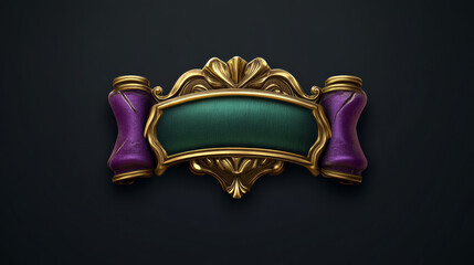 Poster - Medieval ui game button with gold frame sprite for animation. Fantasy rpg title sign design on dark background. Isolated 3d royal interface banner element assets. Ancient purple and green bar icon