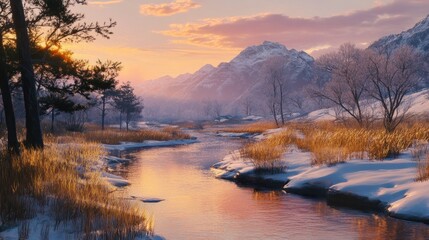 Wall Mural - Serene winter sunset over a snow-covered river valley, majestic mountains in the background.