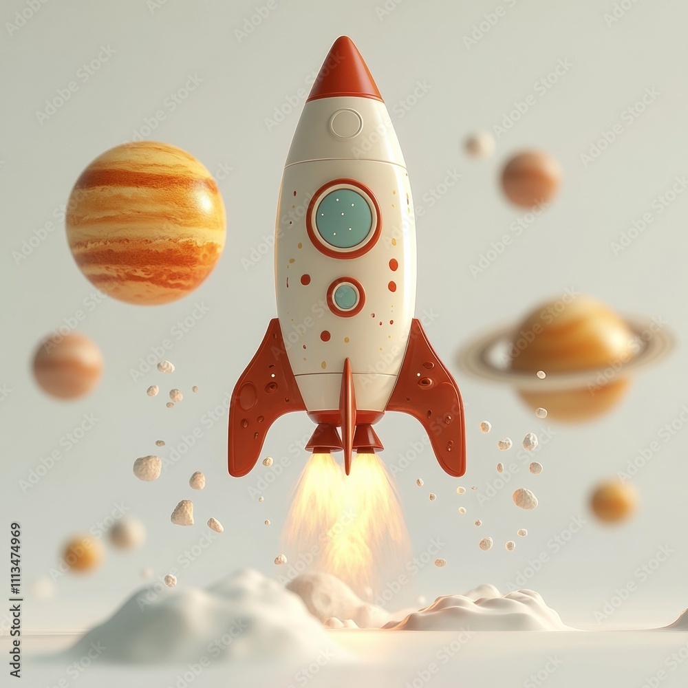 Good Sense Rocketship Blast Off to New Horizons: A whimsical 3D render of a red and white ...