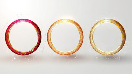 Poster - Realistic set of color light circles with magic flare effect isolated on transparent background. Vector illustration of golden, red, pink rings with abstract shimmering sparkles. Game avatar frame