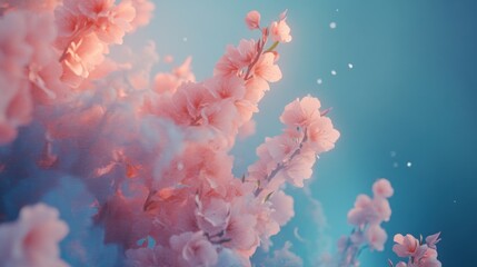 Wall Mural - Delicate Pink Blossoms in Soft Blue Haze