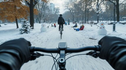 Aufkleber - Biking through a snow-covered park, the path is lined with snowmen and people enjoying winter activities. The trees glisten with frost under a clear blue sky as excitement fills the air.