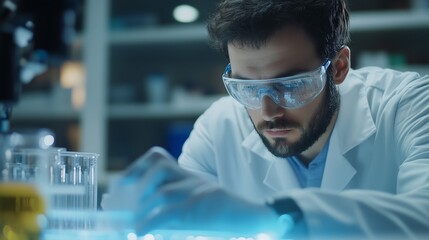 Poster - scientist conducts research in laboratory, focusing on chemical analysis during daytime