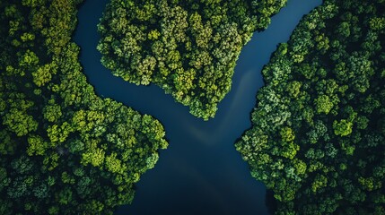 Sticker - Aerial view of a winding river in a lush forest.