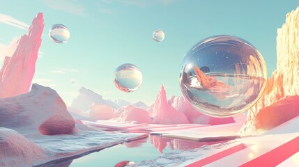 Canvas Print - a surreal digital landscape of a pink, icy world with large, reflective orbs floating overhead.