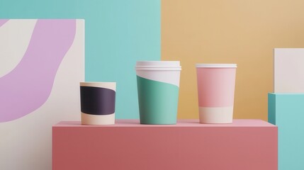 Poster - Minimalistic Creative Product Mockup Showcasing Smooth Colorful Paper Cups on Display
