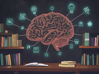 Poster - A stylized brain illustration surrounded by icons representing knowledge and learning.
