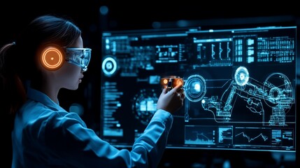 Woman in VR headset interacts with holographic 3D machine design on large screen.