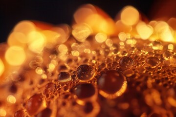 Wall Mural - Close-up of water droplets on a textured orange surface, illuminated with warm light.