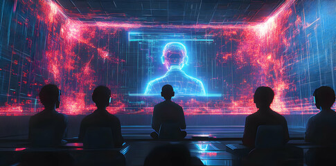 Aufkleber - A group observes a holographic figure in a futuristic digital environment.