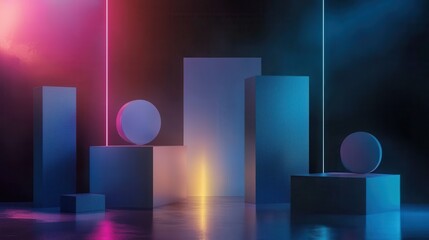 Poster - Minimalistic Graphic Display with Shapes and Neon Lights in a Clean Visual Environment