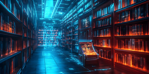 Aufkleber - A futuristic library with glowing shelves and a digital interface.