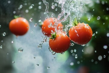 Fresh red tomatoes splashing in water.