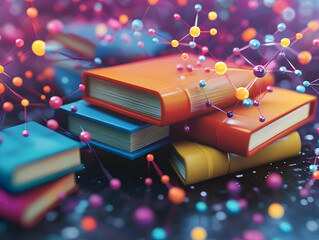 Poster - A colorful arrangement of books surrounded by molecular structures, symbolizing knowledge and science.