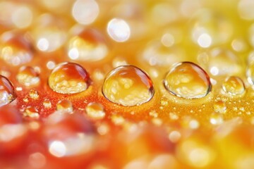 Wall Mural - Macro shot of water droplets on an orange and yellow surface.