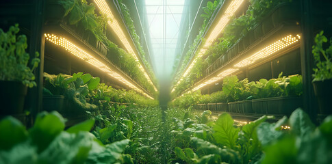 Aufkleber - Lush indoor garden with vibrant plants under bright grow lights.