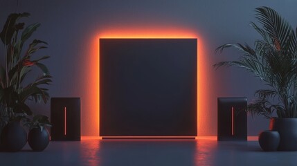 Poster - Minimalistic Creative Portfolio Mockup with Neon Lights and Plant Decoration
