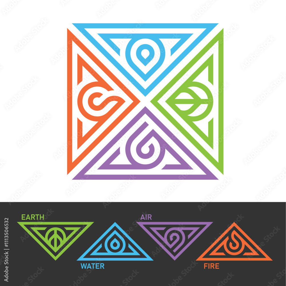 4 Elements of nature symbol - Earth, water, air and fire with sign with ...